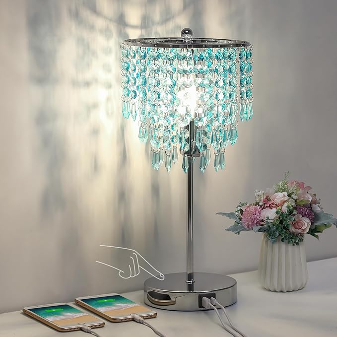 Touch Control Crystal Table Lamp, Dual USB Bedside Lamps for Bedroom, 3-Way Dimmable Nightstand Lamp with Elegant Teal Shade for Living Room, Girls Room, Office, B11 6W LED Bulb Included