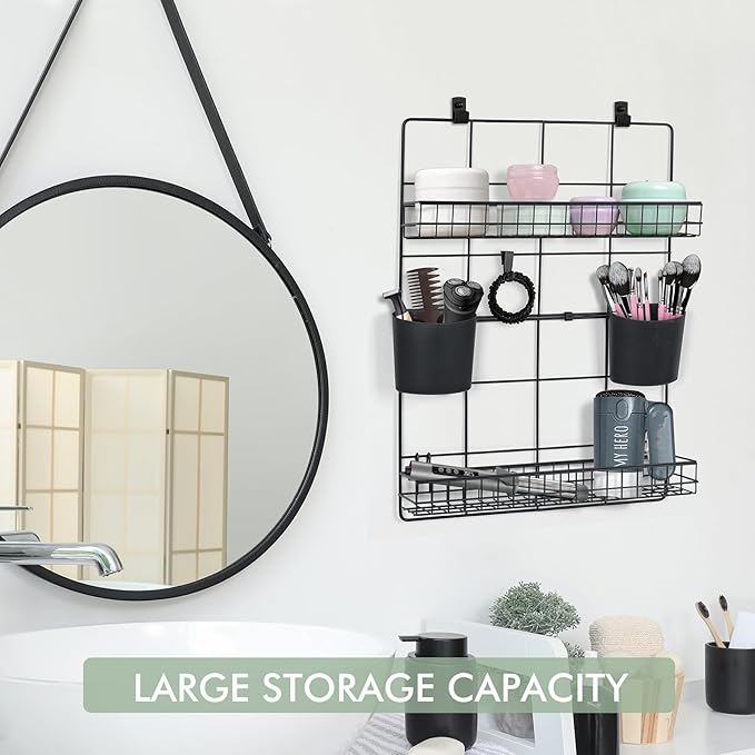 Floating Shelves Wall Organizer - 2-Tier Modular Grid Baskets Shelf Multi-Purpose Wall Mount Cups Holders No Drill Adhesive Hanging Accessories for Dorm Room Bedside Office RV Vanity Storage (Black)