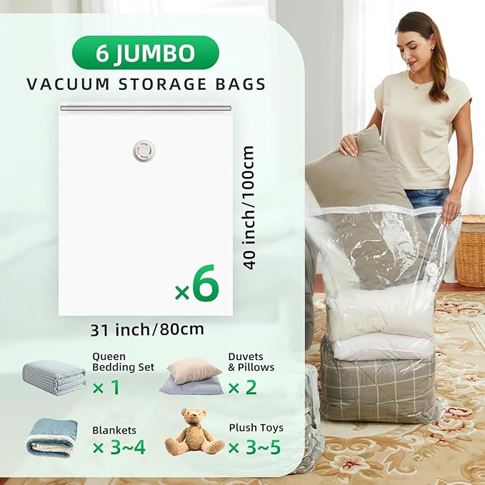 TAILI 6 Pack Vacuum Storage Bags, Jumbo Vacuum Seal Bags for Clothing (40x31 Inch), Space Saving for Bulky Bedding, Comforters and Blankets, Extra Large Closet Storage and Organization