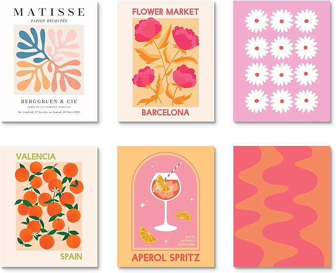 Habseligkeit Flower Market Wall Art Posters for Room Decor Aesthetic, Pink Wall Decor, Warm Matisse Home Decor for Girls Dorm, Unframed, 8x10in, Set of 6