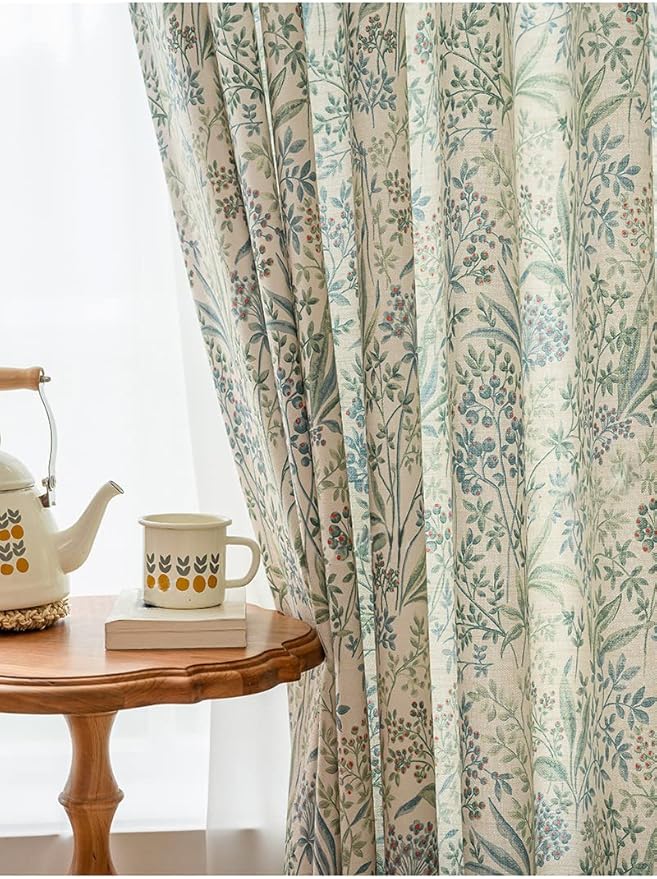 Floral Farmhouse Curtains Semi-Blackout Living Room Drapes 63 Inch Length Cotton Linen Blend Bohemian Window Curtain Panels White Bedroom Drapes, 1 Panel (Grommet, 72" W x 63" L)