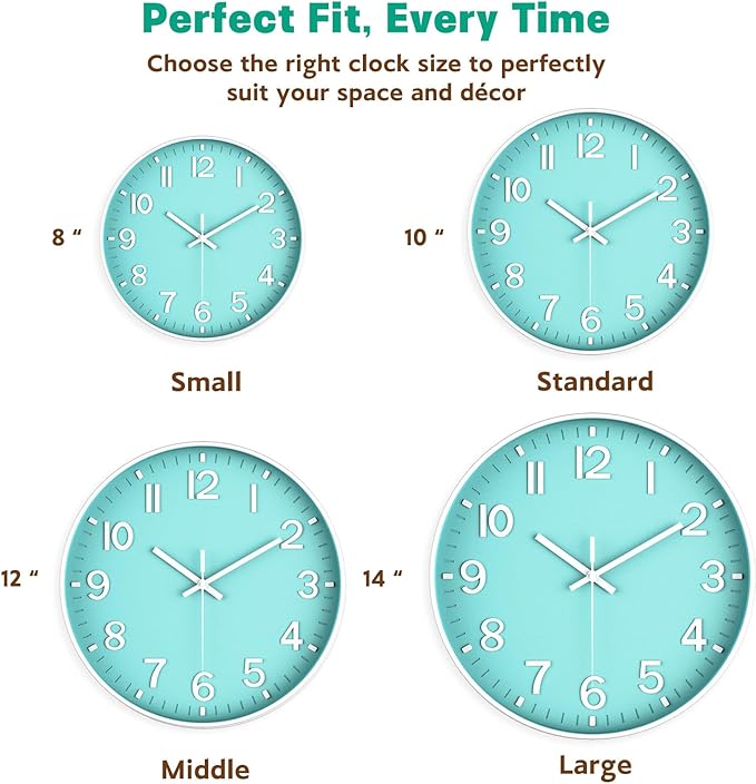 Modern Wall Clock Silent Non-Ticking – Coral Green Analog Wall Clock Battery Operated for Living Room, Kitchen, Bedroom, Office – Stylish Wall Decor for Home, 12 Inch