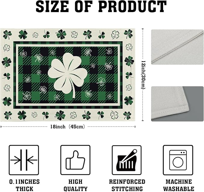 Giwawa Lucky Clover Placemats Set of 4 for Kitchen Dining, St Patricks Day Shamrocks Buffalo Plaids Washable Linen Place Table Mat 12x18 Inches for Tabletop Holiday Party Picnic Decor
