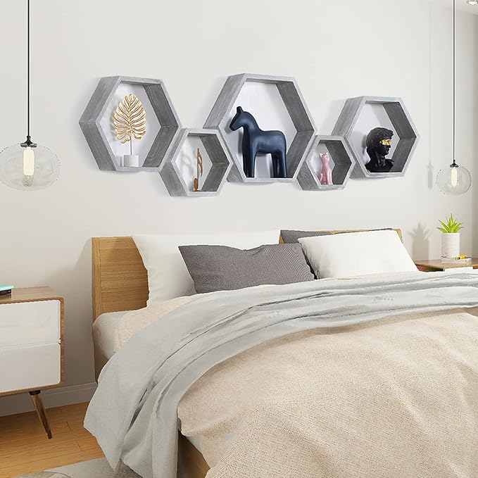 PHOENANCEE Hexagon Floating Shelves,Wall Mounted Wood Farmhouse Storage Honeycomb Wall Shelf Set of 5,for Bathroom, Kitchen, Bedroom, Living Room,Office,Driftwood Finish (Vintage Grey)