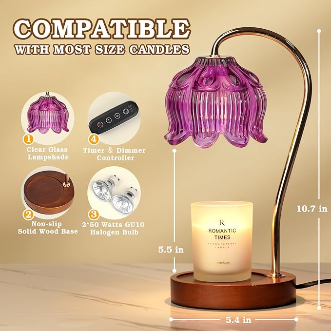 Purple Candle Warmer Lamp with Timer, Electric Candle Warmer Lamp, Birthday Gift for Women, Mom, Female Friend, Flower Candle Warmer Gifts for Candle Lovers, Vintage Lamp Decor for House Warming Gifts