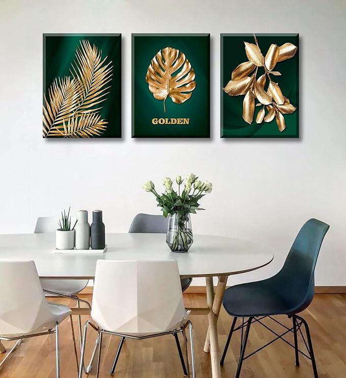 JiazuGo 3Pcs Emerald Green and Gold Canvas Prints - Tropical Botanical Wall Art for Bathroom Bedroom Decor, Mid Century Modern Vintage Room Decorations, Framed Plant Pictures