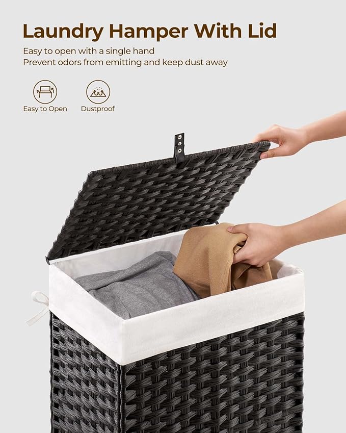 Greenstell Laundry Hamper with Lid, 60L Clothes Hamper with 2 Removable Liner Bags & 2 Mesh Bags, Handwoven Synthetic Rattan Basket, Toys in Bathroom, Bedroom Black