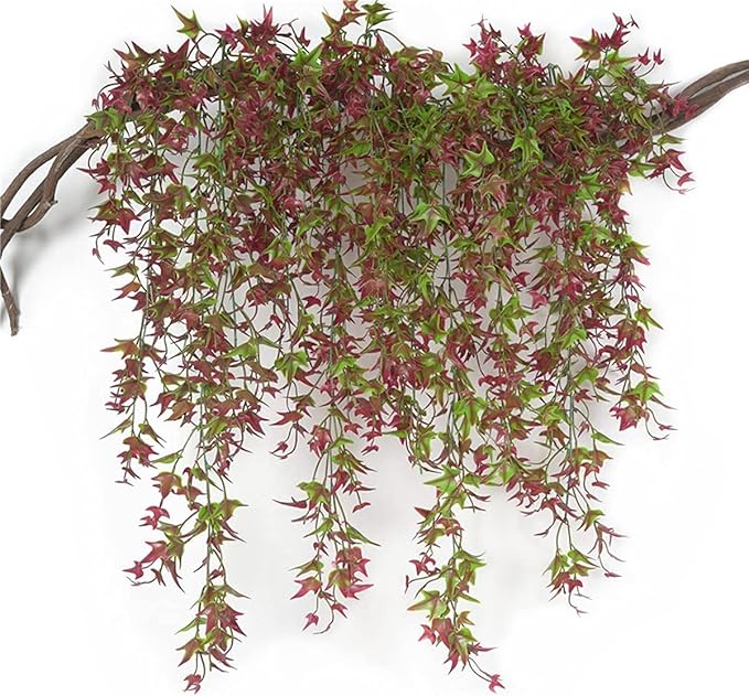 Artificial Hanging Vine Plants for Outdoor Decor, Plastic Ivy Garland Fake Vines Grass Greenery Home Garden Window Box Indoor Party UV Resistant Wedding Wall Decoration Decorations- Red 4 Bundles