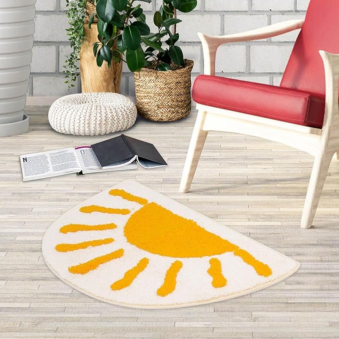 Bathroom Rugs Mat Half Circle - 35"x22" Large Cute Sun White Yellow Boho Bath Mats Non Slip, Soft Absorbent Microfiber Bohemian Rug, Semi Round Machine Washable Rubber Rugs for Floor Bedroom Bathmat
