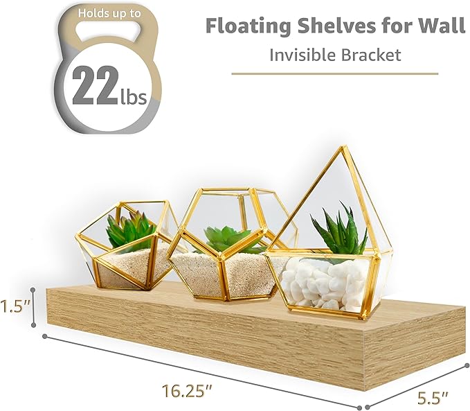 Sorbus Floating Shelves for Wall, Bathroom Shelves Wall Mounted for Kitchen, Bedroom, Bathroom Storage Over Toilet, Hanging Book Shelf for Wall Home Decor Living Room (Maple Wood, 2 Pack)