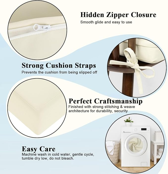 Topotdor Patio Chair Cushions Set of 2,Waterproof Outdoor Chair Cushions with Fade Resistant Removable Cover with Adjustable Straps for Patio Furniture Garden Sofa Couch,17.6"x16"x3" Beige