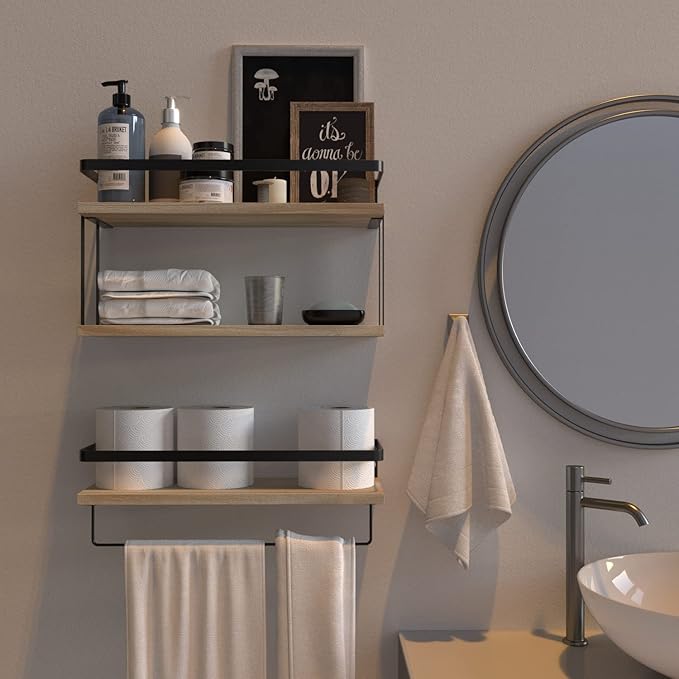 RICHER HOUSE 2+1 Tier Wall Mounted Floating Shelves Set of 2, Rustic Wood Wall Shelf with Metal Frame, Extra Storage Rack for Bathroom, Kitchen, Bedroom with Tissue Rack & Towel Bar - Rustic Wood
