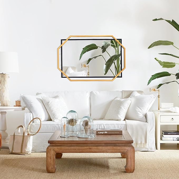 Decorative Wall Mirror, Black and Gold Frame Bathroom Mirror for Wall with Modern Metal Octagonal, for Living Room, Dining Room, Entryway (40" x 28")