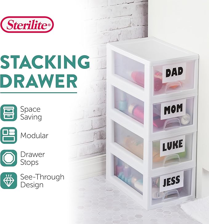 Sterilite 6-Pack 6 Quart Stacking Drawer, Clear Storage Closet Organizer, White Frame - Stackable Modular Plastic Drawers for Clothes, Accessories, Craft Supplies, Shoes or Linens