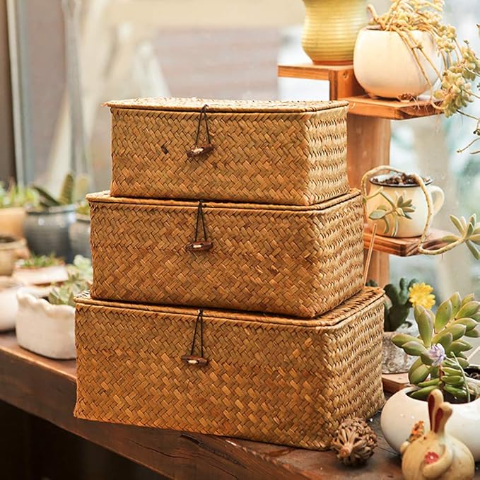 Yesland Shelf Baskets with Lid Set of 3, Handwoven Seagrass Storage Bins Box Rectangular Seagrass Basket Storage Organizer Wicker Basket for Shelf
