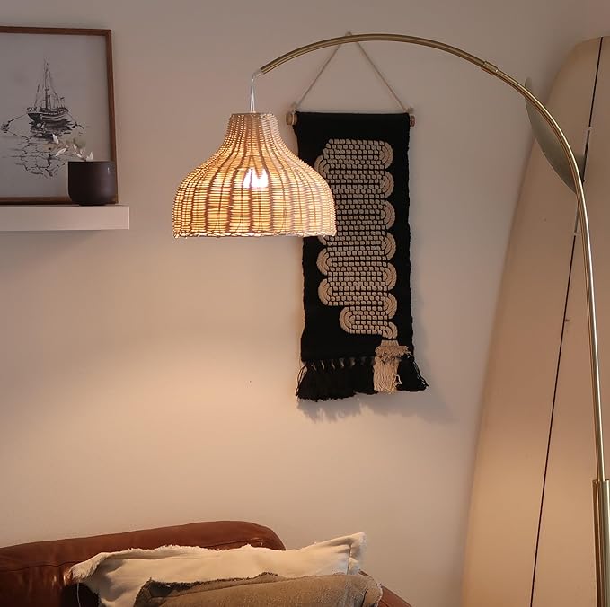 Brightech Lark Arc Lamp for Living Rooms & Offices, Floor Lamp with Unique Hanging Wicker Shade, Standing & Tall for Bedroom Reading, Matches Boho and Other Living Room Decor, Brass