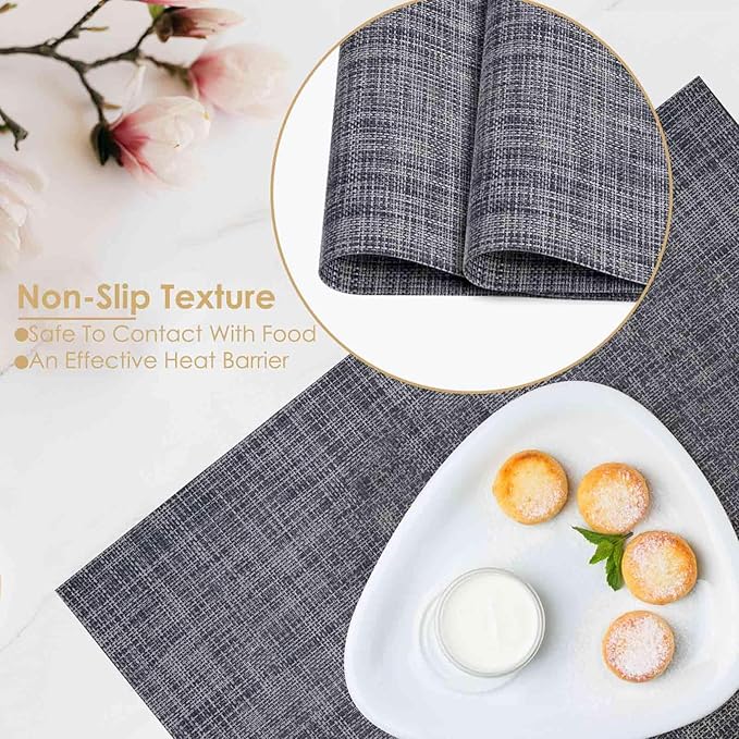GIVERARE Placemats Set of 4, Heat-Resistant Woven Vinyl Placemat 12x18in, Non-Slip Washable PVC Table Mat, Easy to Clean Premium Plastic Mats for Dining, Kitchen Table (Dark Gray)