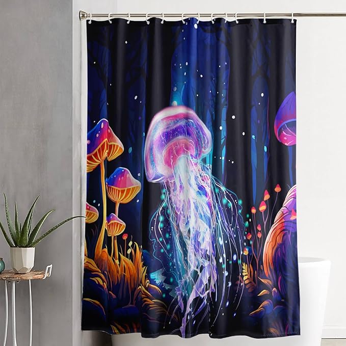 AILONEN Beautiful Jellyfish Shower Curtain,Magic Mushroom Waterproof Fabric Bath Curtain for Kids Girls,Boho Style Mysterious Planet Shower Curtain Set for Bathroom, 72" W*96" H