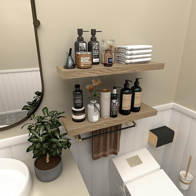 Floating Shelves for Wall - 17 Inch Natural Wood Shelves for Bathroom, Bedroom, Kitchen Decor, Farmhouse Decor Set of 2