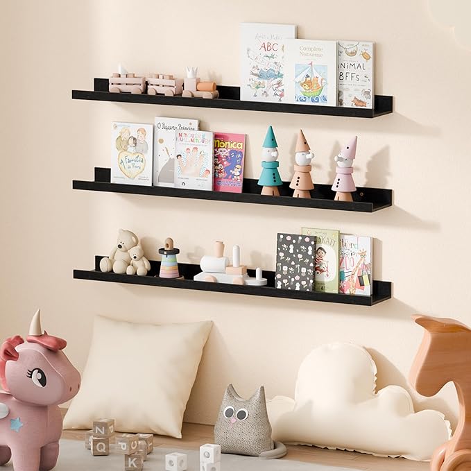 upsimples Floating Shelves for Wall, Wall Shelves for Decor Storage Set of 6, Wall Mounted Wood Shelves for Bedroom, Living Room, Bathroom, Kitchen, 35.5 inch Long Picture Ledge Shelves, Black