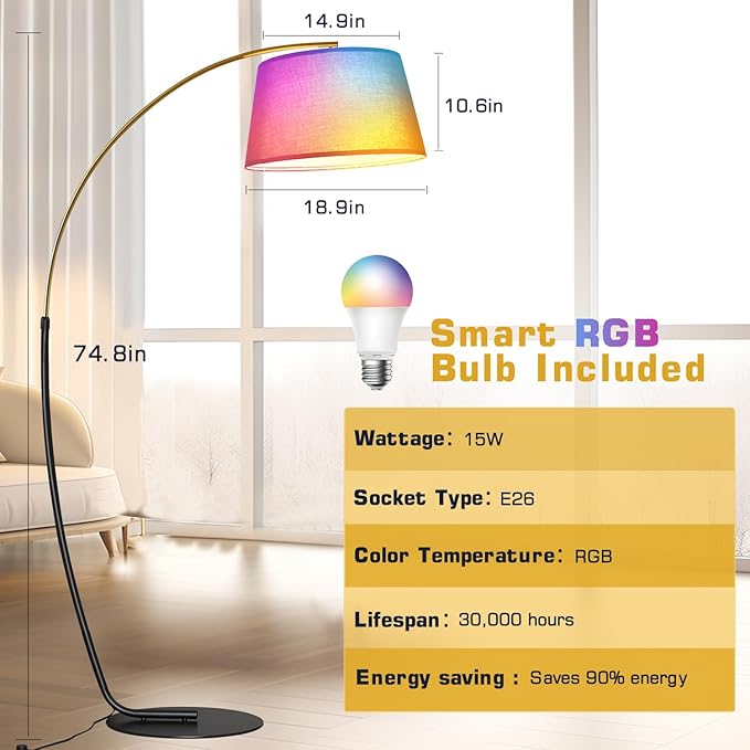 Arc Floor Lamp,74" Tall Floor Lamps,Vintage Floor Lamp Gold & Black Arched Pole Design,15W Dimmable RGB Bulb(LED) Included