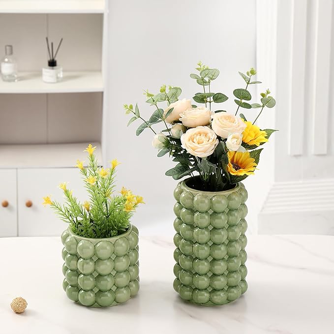 Bubble Vases, Set of 2 Green Ceramic Vases, Short Vases, Ceramic Flower Vases, Unique Vases, Tall Bubble Vases for Coffe Table Decor, Decorative Vases for Living Room, Dining Table, Wedding
