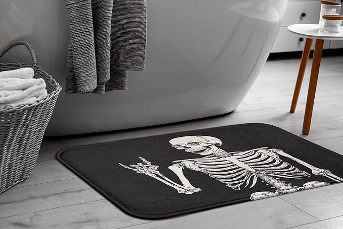 Britimes Bath Mat for Bathroom, Rock and Roll Skeleton Skull Washable Cover Floor Rug Carpets Floor Mat Bathroom Decorations 16x24 Inches for Kitchen Bedroom Indoor