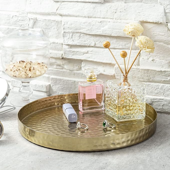 MyGift 11 Inch Deluxe Hammered Brass Round Decorative Tray - Aluminum Plated Serving Display Platter, Centerpieces and Vanity Tray - Handcrafted in India