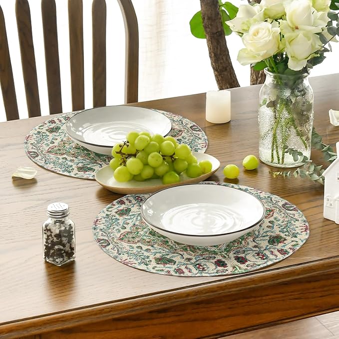 Artoid Mode Boho Round Placemats Set of 4,14 Inch Seasonal Daily Green Flowers Bohemian Table Mats for Party Kitchen Dining Decoration