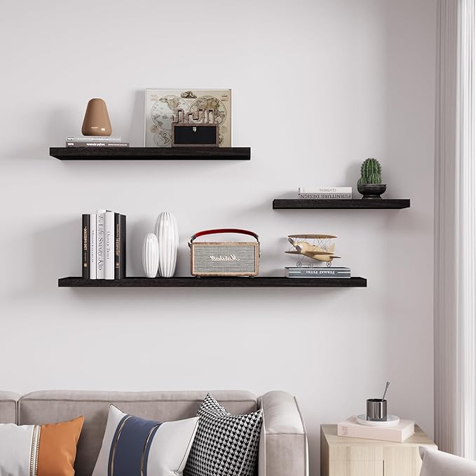Floating Shelves 24 Inch Wall Shelf Solid Wood Mounted Storage for Bedroom Living Room Set of 3, Black Wall Shelves