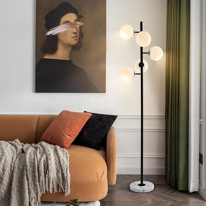 KCO Lighting Five Globe Mid Century Modern Floor Lamp 5Light Milk Glass Floor Lamp Contemporary Black Standing Lamp Industrial Tree Floor Lamp Marble Base Floor Lamp for Living Room, T1013-B