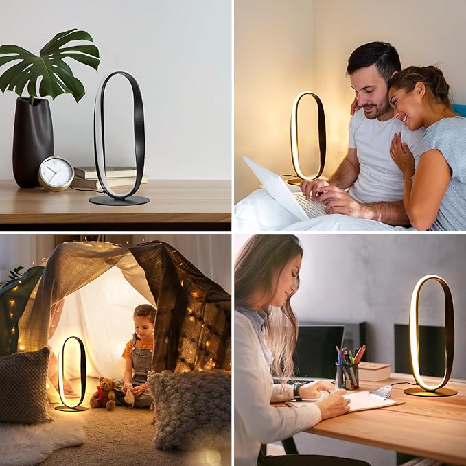 NUÜR Circle LED Table Lamp, 3 Color Temperatures Bedside Lamp for Living Room, Stepless Dimmable Bedside Table Lamp, Black Unique Nightstand Lamp for Bedroom, Home, Office