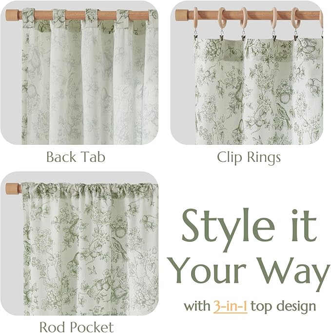 jinchan Linen Floral Curtains for Living Room 96 Inch Long Sage Green Printed Flower French Country Curtain Farmhouse Cottage Core Toile Curtains Back Tab Light Filtering Window Drapes Set 2 Panels