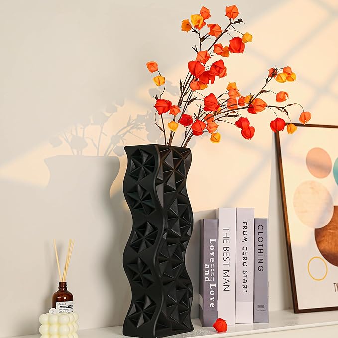 Modern Black Ceramic Tall Vase, 15.94" Large Vase for Living Room, Shelf, Table - Minimalist Twisted Design