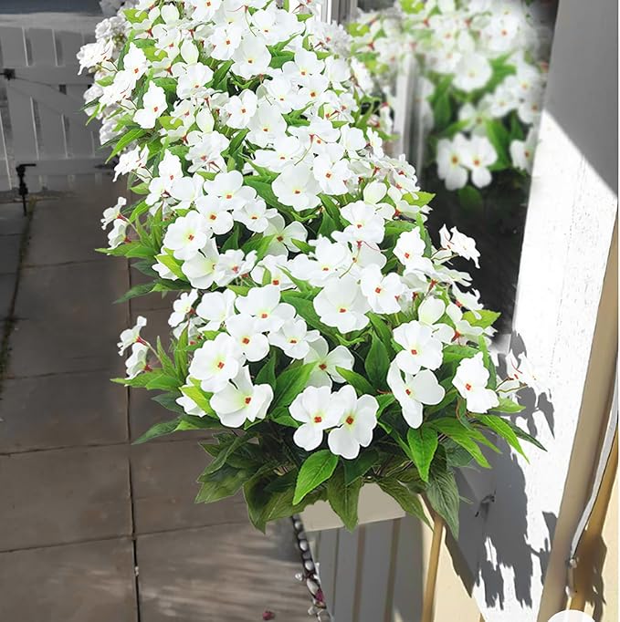 4 Pcs Artificial Flowers Outdoor Impatiens UV Resistant Silk Impatiens Flowers White Faux Flowers Impatiens Bushes Artificial Impatiens for Pot Patio Lawn Garden Hanging Basket Porch Decor