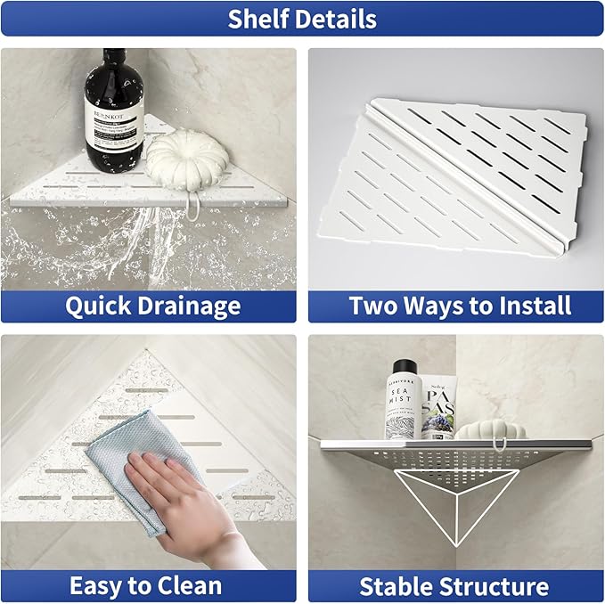Corner Shower Shelf, 304 Stainless Steel with Slot Design for Bathroom Storage, Grout in Shelf for Tiled Wall (White, 10"-2 Pack)