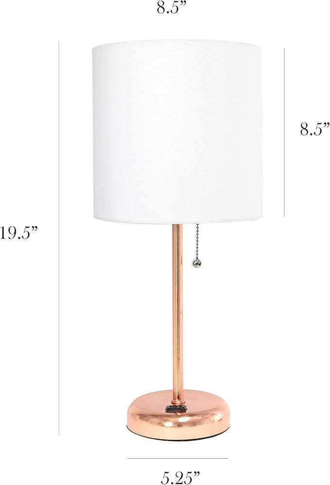 Simple Designs LT2024-RGD-2PK Two Pack Rose Gold Stick Table Desk Lamp Set with Charging Outlet and Drum Fabric Shade for Living Room, Hallway, Nightstand, Office, White Shade