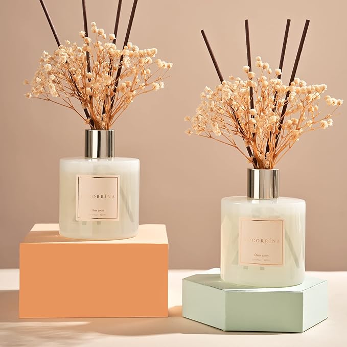 Cocorrína Reed Diffuser Set, 6.7 oz Clean Linen 2 Packs Scented Diffuser with Sticks Home Fragrance Reed Diffuser for Bathroom Shelf Decor