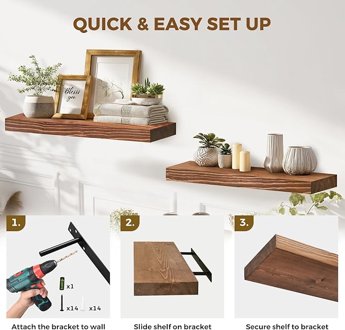 24x8x1.6 inch Floating Shelves Set of 2 – Solid Wood Rustic Brown Wall Mounted Shelf for Kitchen, Bathroom, Living Room