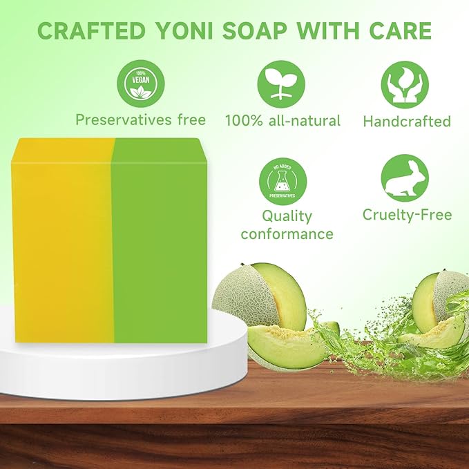 3 PCS Yoni Soap Bars for Women pH Balance, Natural Yoni Bar Soap Yoni Wash for Vaginal Moisturizing Eliminates Odor Body Wash Soap with Bubble Foam Net, Handmade Honeydew Melon Yoni Soap