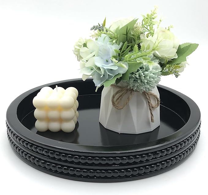 Carah & Cossh Round Wooden Tray, Black Round Decorative Wood Tray, Round Modern Decorative Tray, Perfect for Storage and Display (Black)