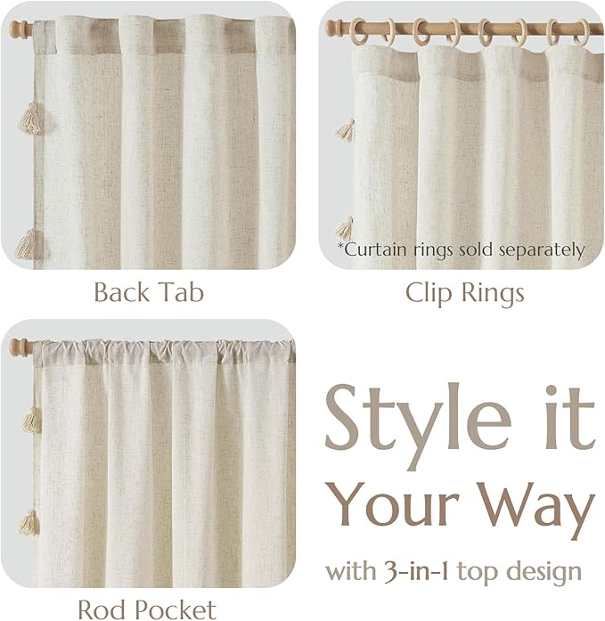 jinchan Boho Curtains 63 Inch Long 2 Panels, Linen Blend Farmhouse Drapes with Tassels for Bedroom, Light Filtering Cottage Core Curtians with Fringe, W50 x L63 with Rod Pocket Back Tab,(Ecru)