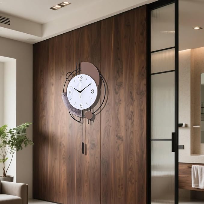 Wall Clock, Silent Non-Ticking Quality Quartz Battery Operated with Pendulum, Large Wall Clock for Living Room Kitchen Home Bathroom Bedroom Wall Decor, 13x21.65inch(Brown)