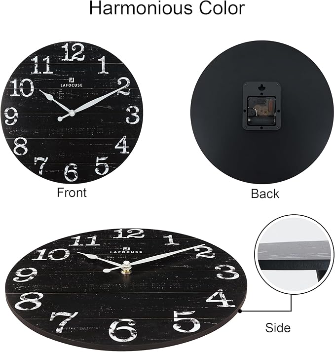 Lafocuse 12 Inch Silent Black Wall Clocks for Kitchen Living Room Decor, Wooden Rustic Wall Clock Battery Operated, Decorative Farmhouse Clock