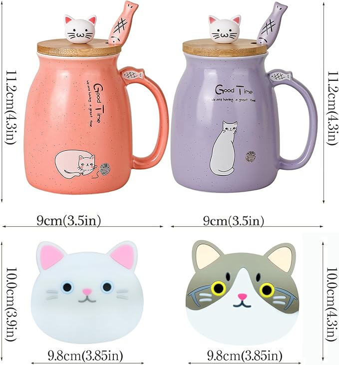 SHENDONG 2 Pack Cat Mugs Cute Ceramic Coffee Cups Set of 2 with Kawaii Bamboo Lid and Spoon Novelty Morning Cup Coffee Milk Tea Mugs - 3D Animal cat Mugs for Cat Lovers Women Gifts (Red and Purple)