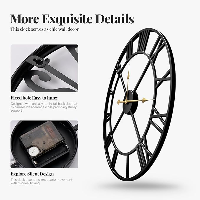 24 Inch Wall Clock Black, Large Decorative Wall Clocks for Living Room, Modern Metal Round Clocks Battery-Operated Completely Silent Non Ticking Roman Number