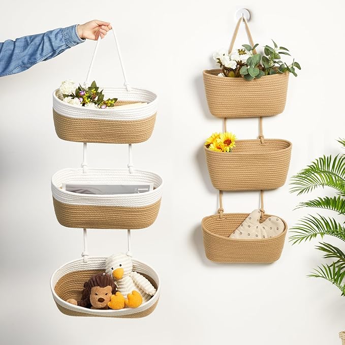 DULLEMELO Hanging Storage Basket for Organizing, 3-Tier Over The Door Organizer, Woven Wall Basket Decor Hanging Baskets for Storage, Versatile Storage for Every Room, White&Jute