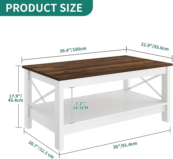 YITAHOME Coffee Table for Living Room,Modern Farmhouse Coffee Table with Storage,2-Tier Center Table for Living Room Wood Living Room Table Accent Cocktail with Sturdy Frame,Brown