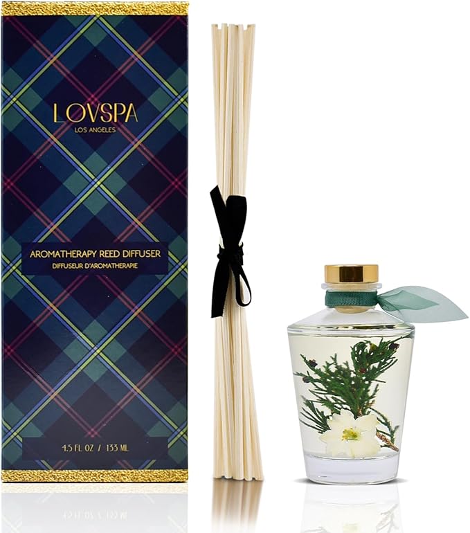 LOVSPA Sparkling Balsam Pine Reed Diffuser Oil Set – Christmas Tree Fir Needles and Birch Wood Scent with Real Botanicals - Elegant Glass Bottle - Christmas Holiday Decor - Made in The USA