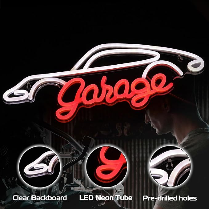 Kavaas Garage Neon Sign, LED Garage Sign for Car Room Decor | Neon Car Sign for Garage Decor, Auto Repair Workshop, Man Cave - Best Gifts for Dad, Car Enthusiast (GRG2)